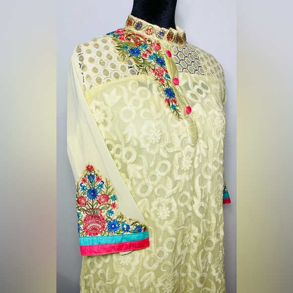 Indian Khaadi Pret Floral Embroidered Designer Multicolor Salwar Kameez 3 Pc - Picture 2 of 6